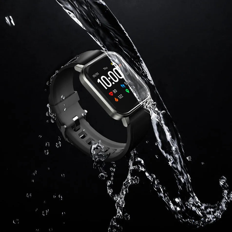 Black waterproof smart bracelet with 1.4-inch touchscreen displaying heart rate monitoring interface