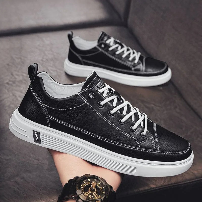 Men's white casual PU shoes with low flat heel and round toe on a plain background