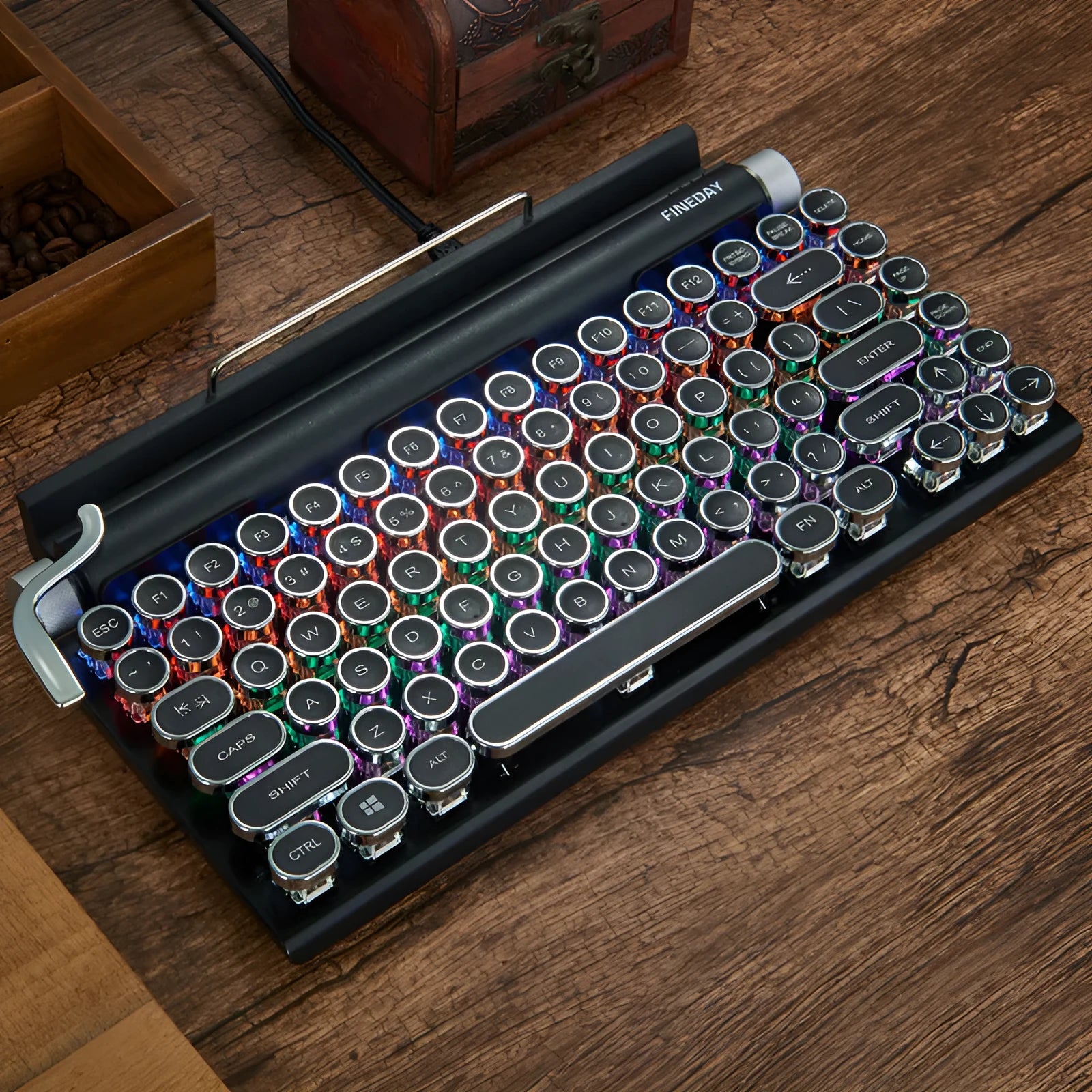 Black retro typewriter style Bluetooth mechanical keyboard with backlighting
