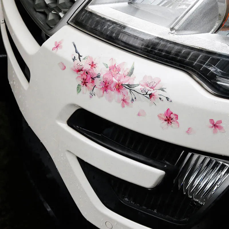 Cherry blossom flower pattern car sticker on vehicle, showing small and large size options.