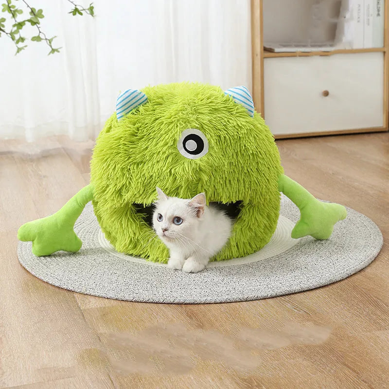 Fluffy round plush cat bed on a floor, shown in small, medium, and large sizes.