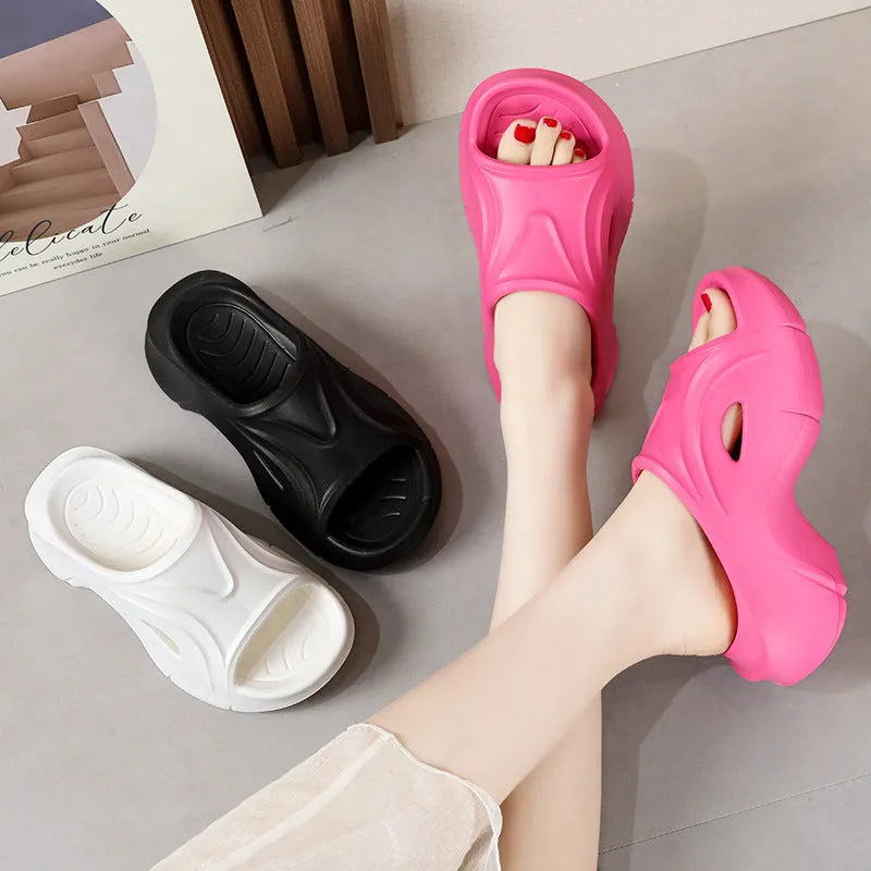 Women's thick-soled EVA outdoor fashion slippers in black, white, and rose red colour options
