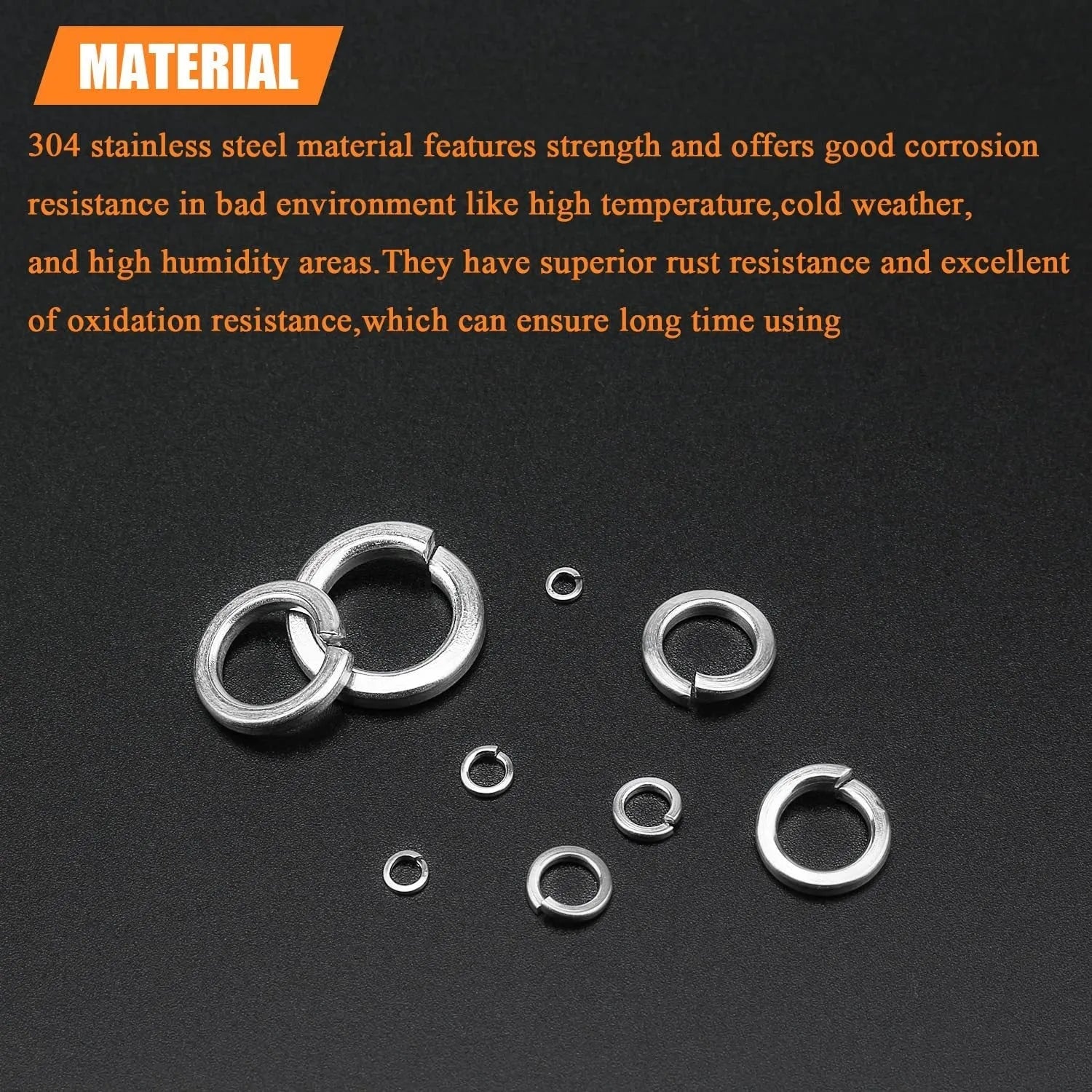 Open box showing assortment of stainless steel flat washers and split lock spring washers in various sizes.