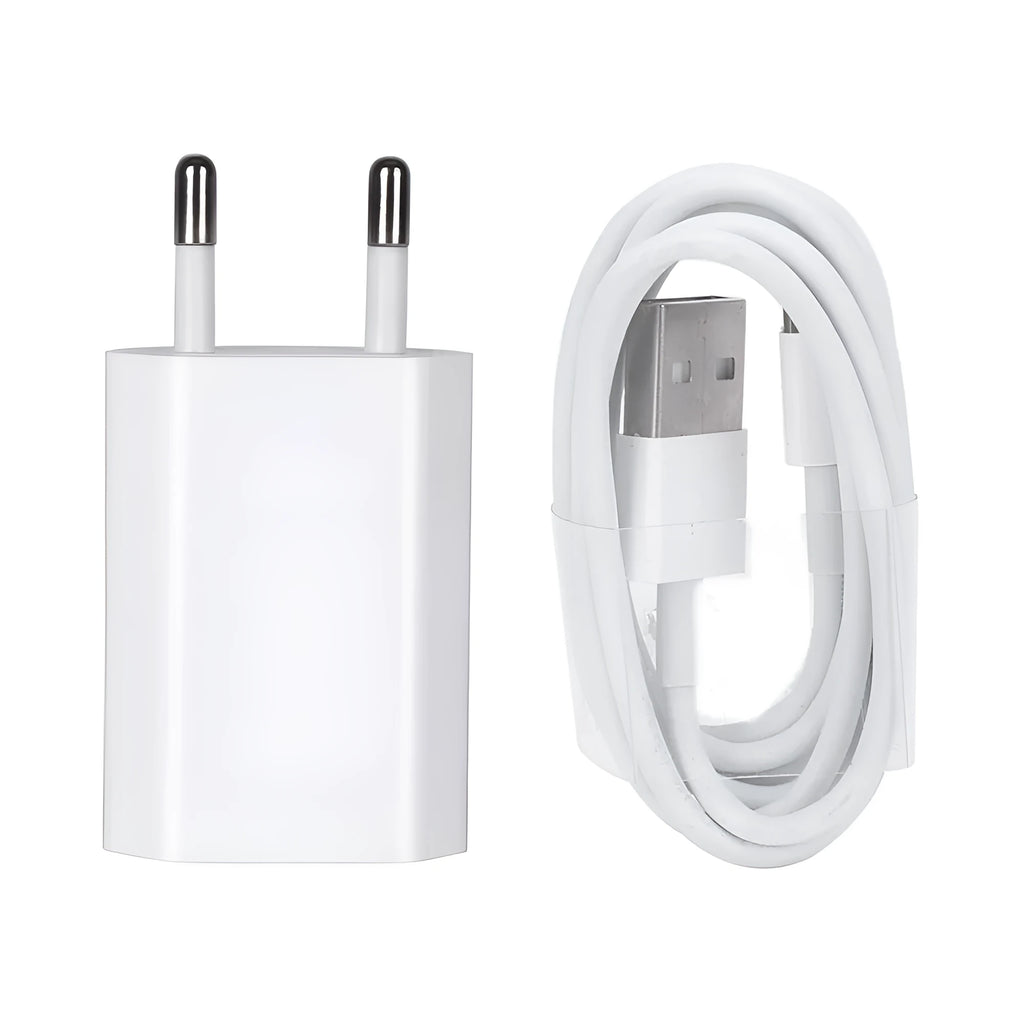 White 5V 2A USB wall charger and white USB to Lightning cable for iPhone and iPad.