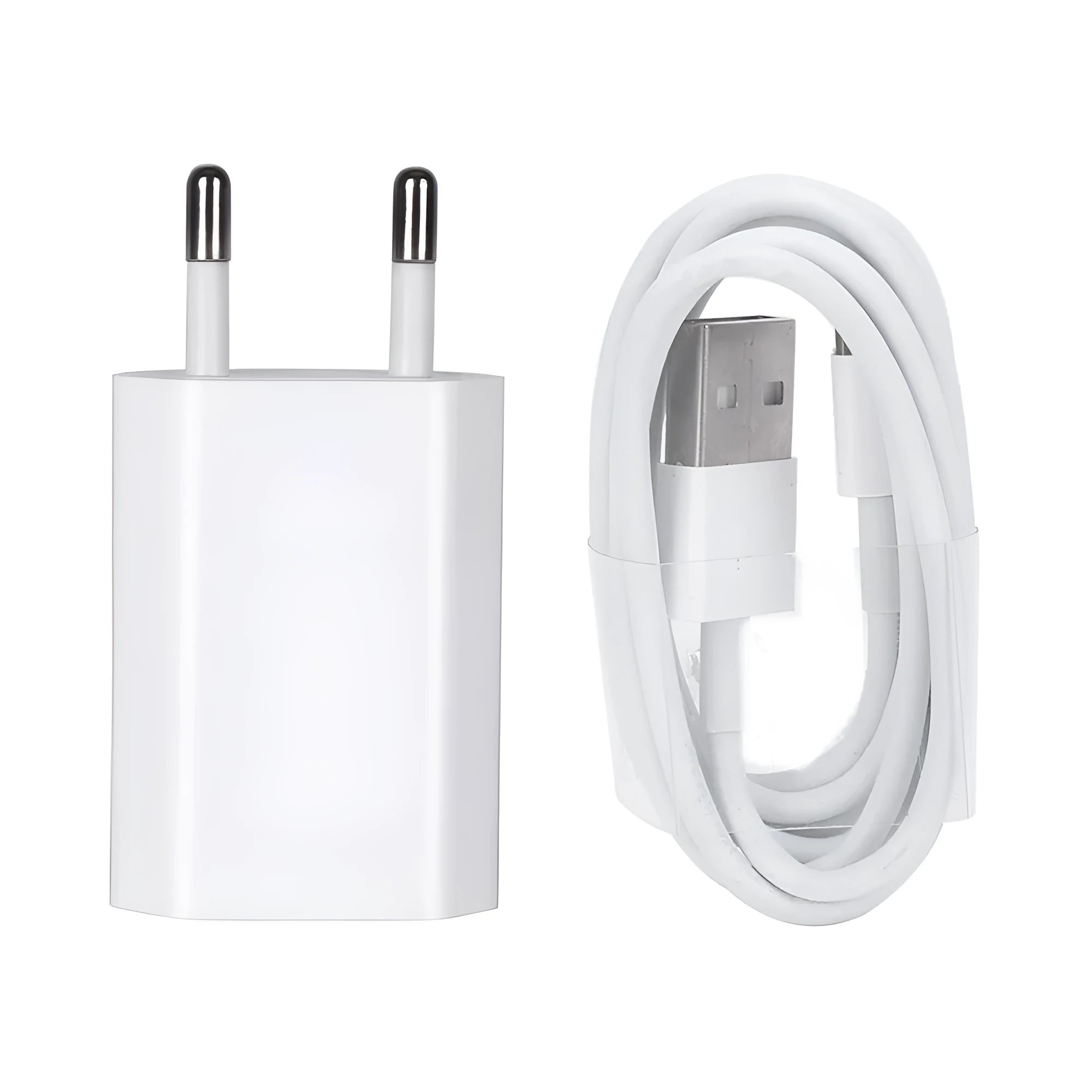 White 5V 2A USB wall charger and white USB to Lightning cable for iPhone and iPad.