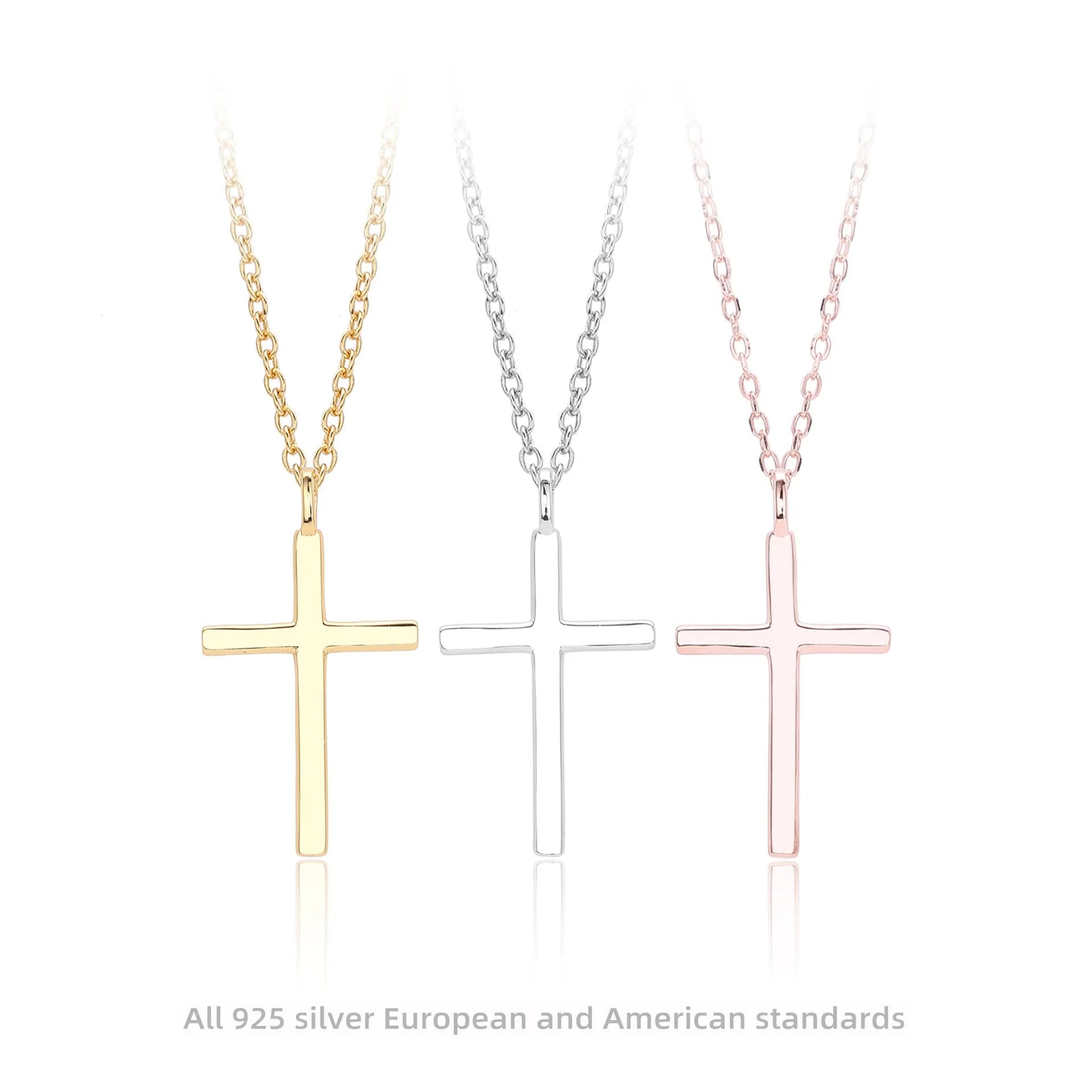 Sterling silver cross necklace on O-shaped chain with gold, platinum, or rose gold plating