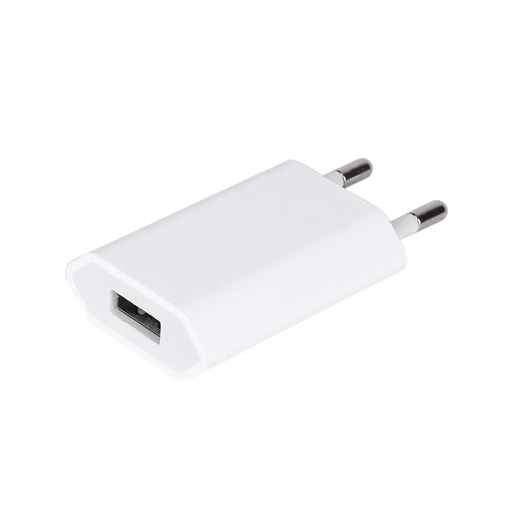 White 5V 2A USB wall charger and white USB to Lightning cable for iPhone and iPad.