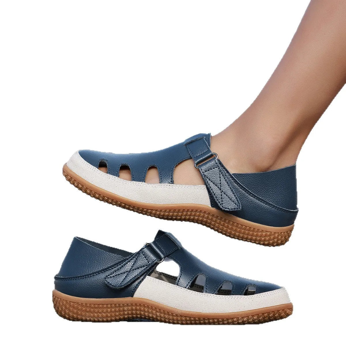Plus size women's flat heel sandals with toe cap and hollow breathable design in blue colour