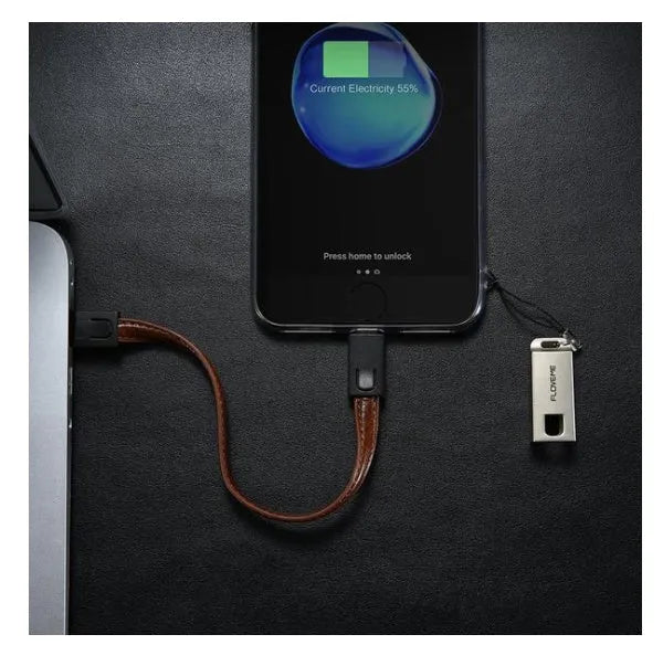 USB C to Apple Lightning leather braided charging cable in black brown red colours measuring 20cm