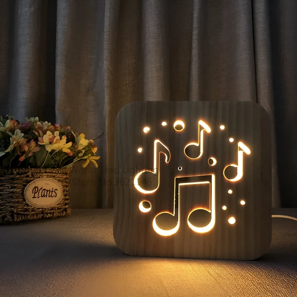 Wooden LED atmosphere lamp with warm white light USB powered measuring 19x19x3 cm