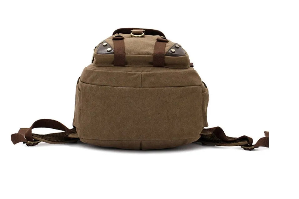 Large canvas computer backpack in military green with car stitching and top handle