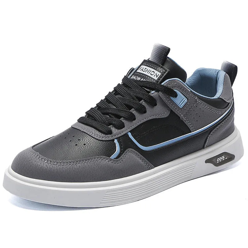Men's canvas board shoes with mesh lining in black, beige and grey colours showing round toe and flat heel design