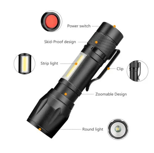 Small black aluminium alloy LED flashlight with telescopic zoom head and pocket clip.