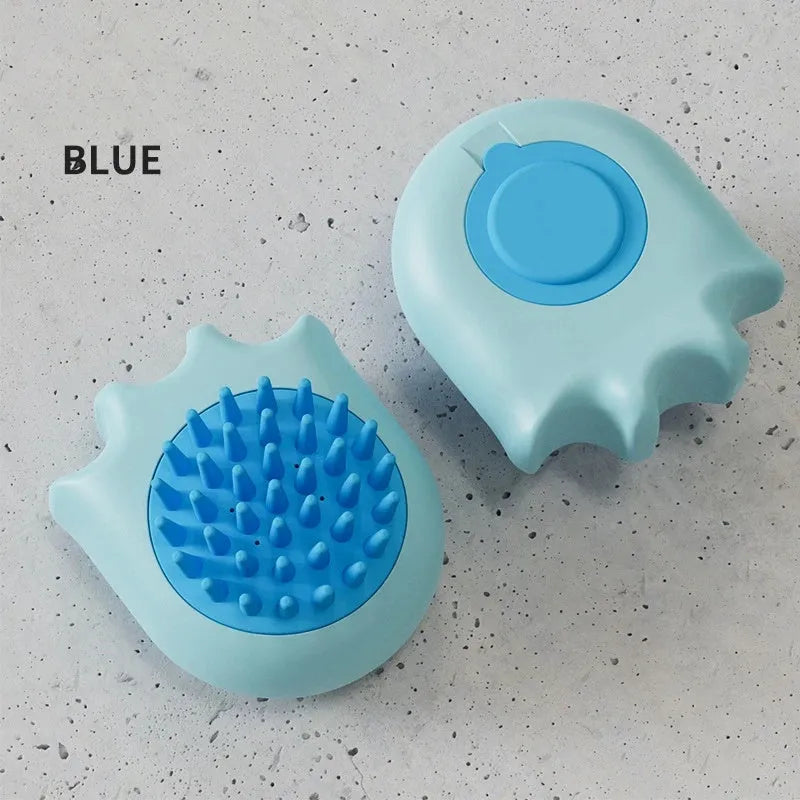 Blue pet bath brush with integrated shampoo compartment for cats and dogs grooming