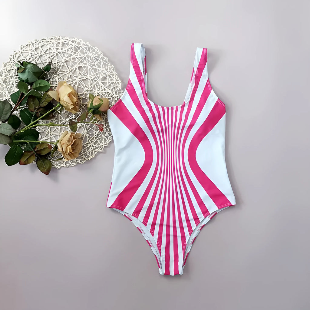 Women's pink striped one-piece swimsuit with front and rear digital print positioning