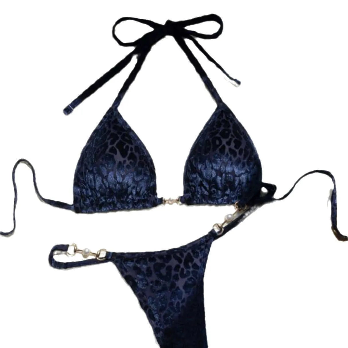 Women's polyester spandex swimwear bikini set with T-shaped pearl leopard pattern in multiple colour options