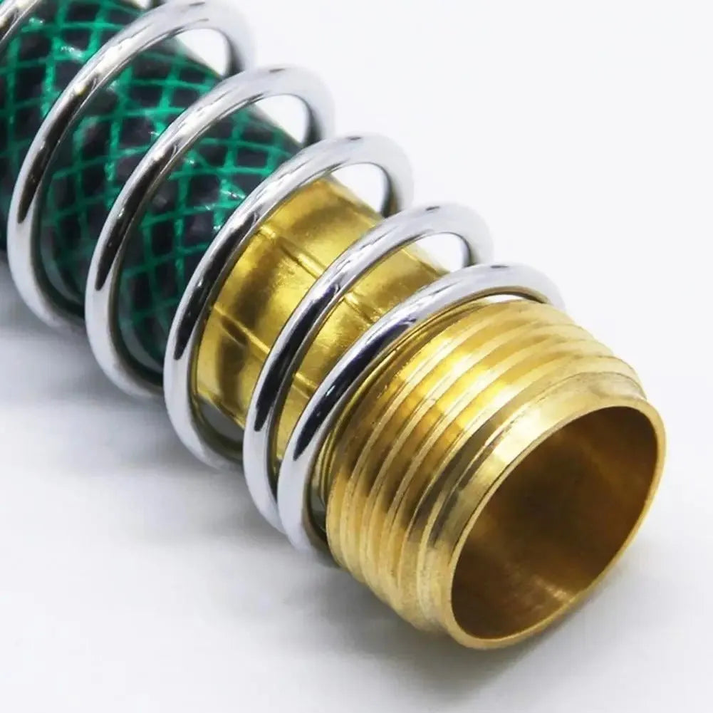 Brass garden hose spring connector with spiral mechanism for preventing kinks, 15cm length