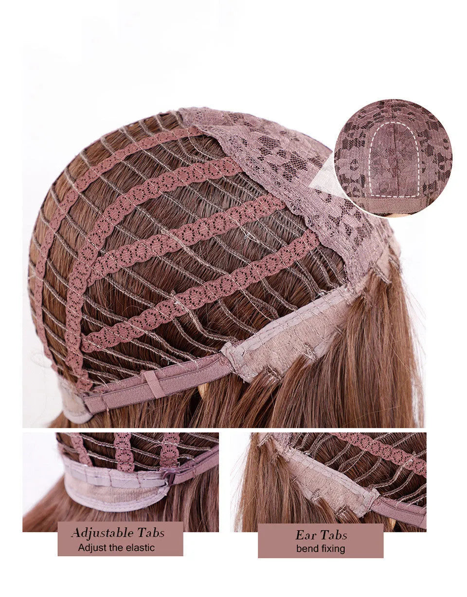 Medium brown gradient blonde long curly wig with medium bang on a mannequin