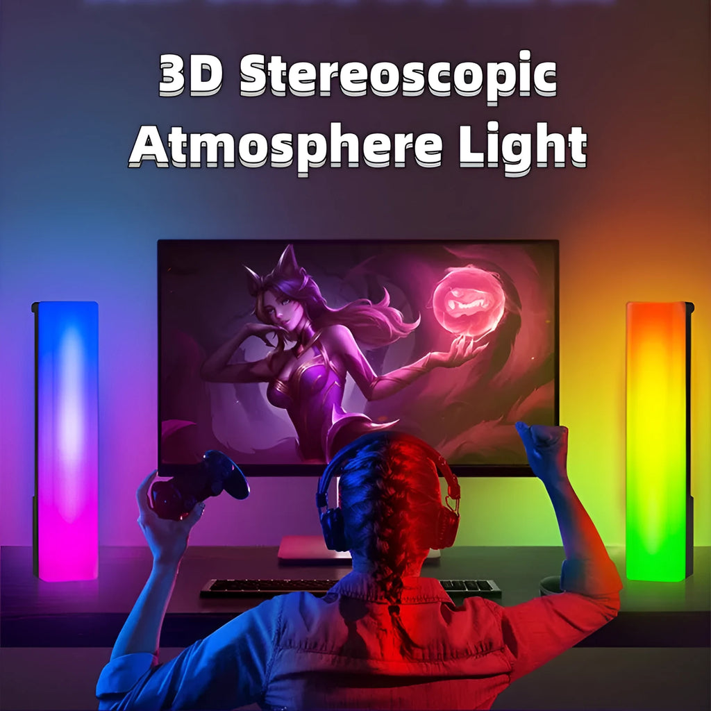 Black and white 3D RGB voice-activated music rhythm ambiance lamp on a table.