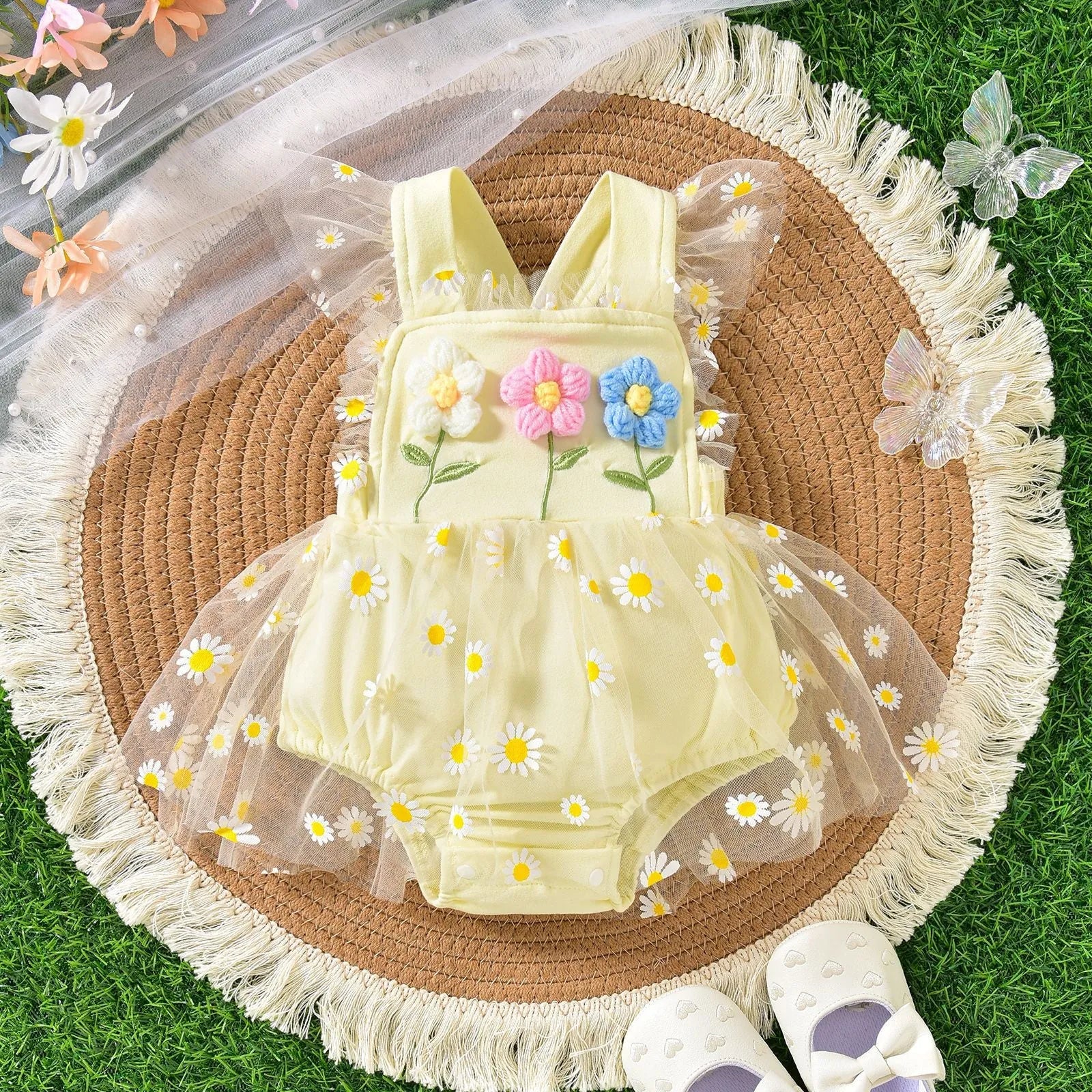 Baby girls suspenders gown with three flowers stitching and mesh front in apricot on white background