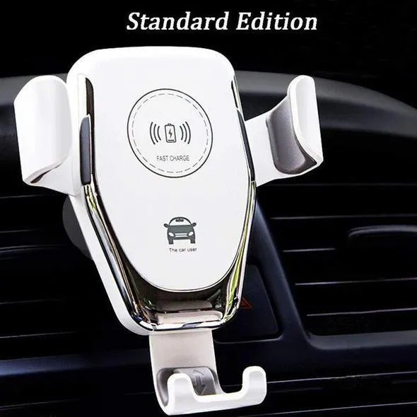 Black car wireless charger mount holding Apple iPhone with automatic clamping arms on car dashboard