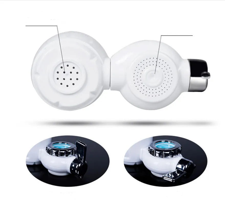 White plastic faucet water filter with ceramic cartridge and set of tap thread adapters