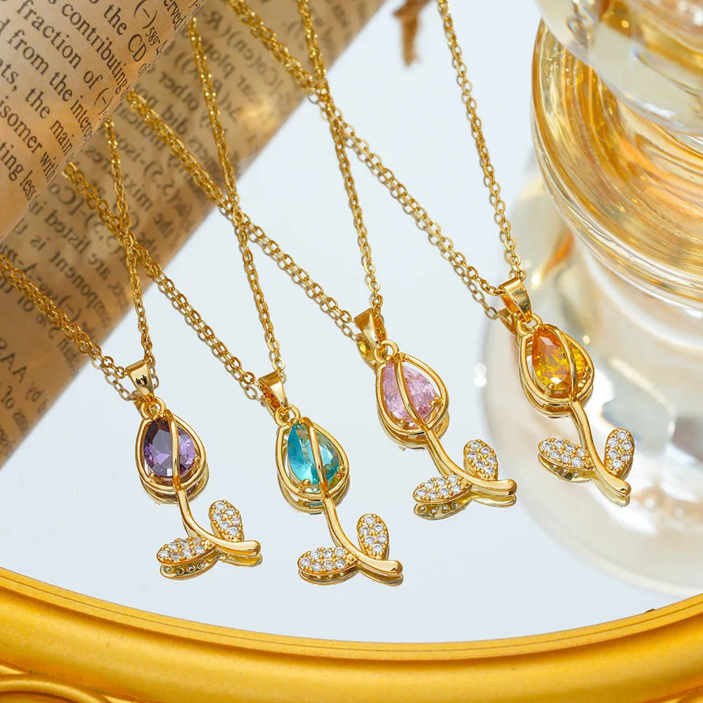 Zircon tulip necklace for women with floral pendant on adjustable titanium steel chain