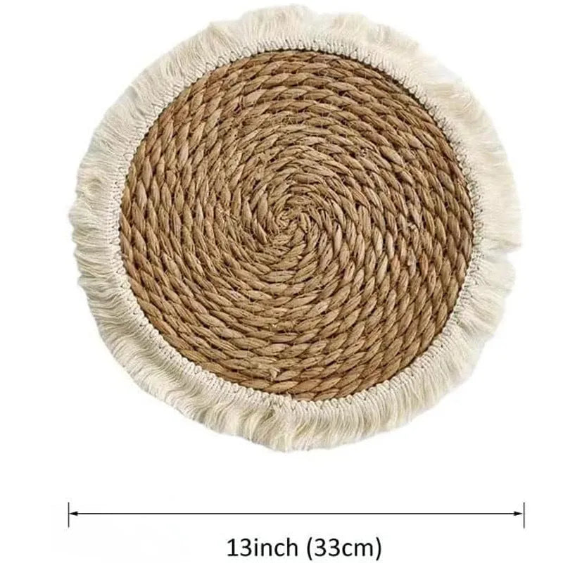 Round Japanese straw placemat with tassel detailing in papyrus material, available in four diameter sizes