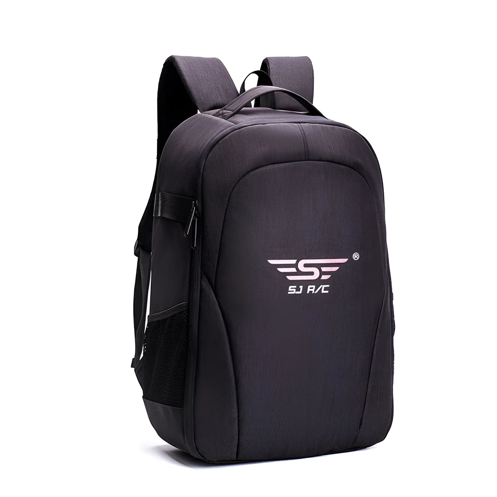 Black Oxford cloth drone backpack open to show internal camera, computer, and organiser pockets.