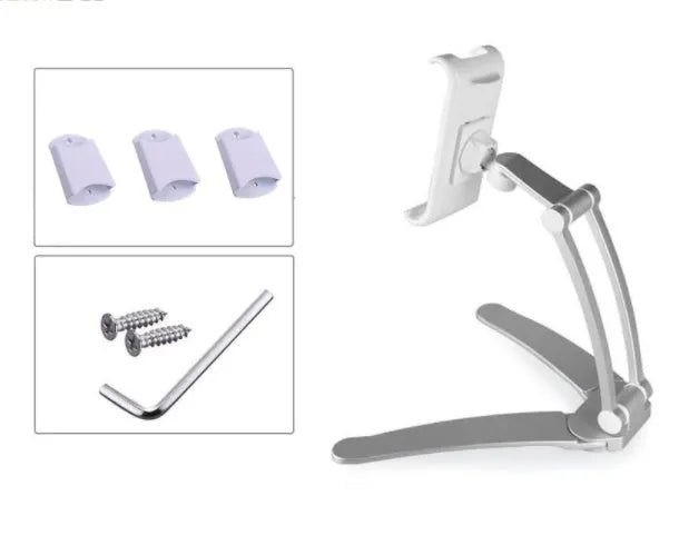 Silver aluminium alloy tablet stand holding a tablet, showing its 360-degree adjustable hinge and chuck system.