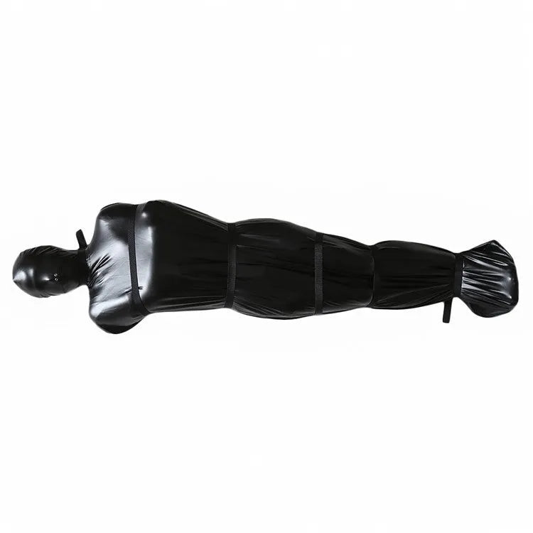 Black patent leather bondage set with full body outfit and six ratchet tie-down straps