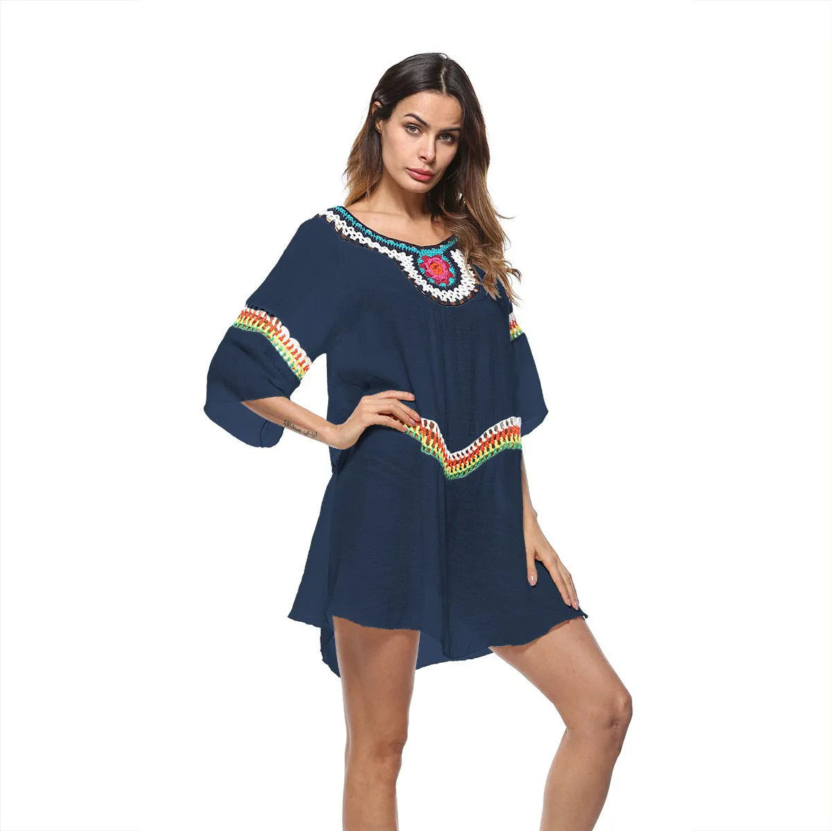 Crocheted ethnic style white polyester sun protection clothing for women on a beach