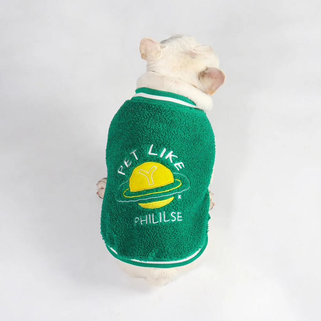 Green fleece-lined cotton winter coat for a large dog on a white background.