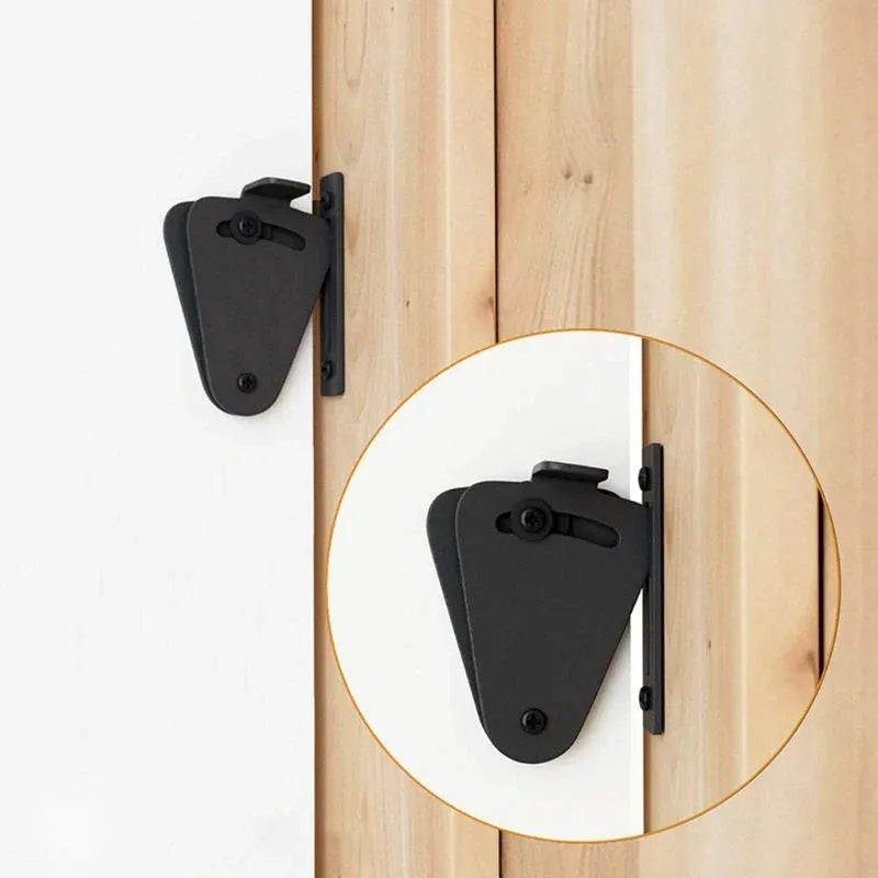 Black stainless steel sliding barn door lock shown in two sizes for different door gaps.