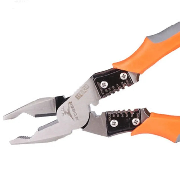 Orange multi-function wire cutter pliers with plastic handles and alloy steel jaws.