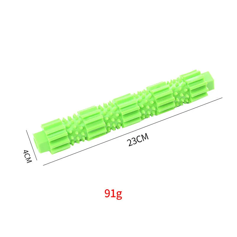 Green durable rubber dog chew toy with treat dispenser hole and textured surface.