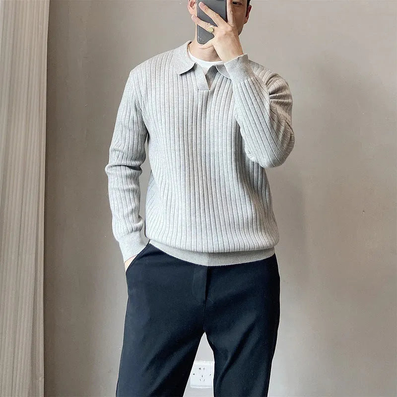 Men's loose fit knitted pullover sweater in modal and rabbit fur fabric, shown in light grey.