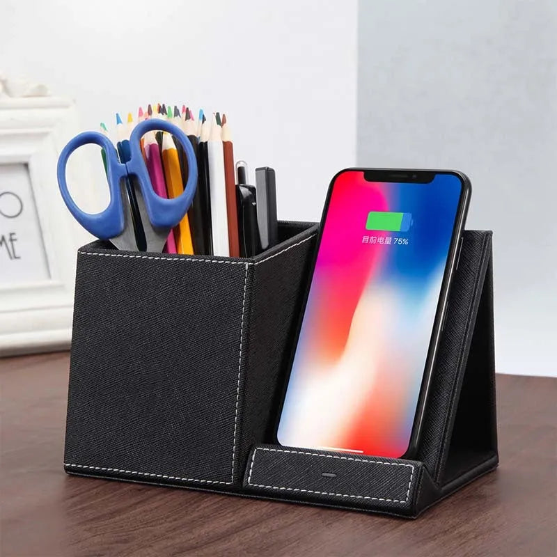 Black leather desk organiser with wireless charging top and pen holder compartment