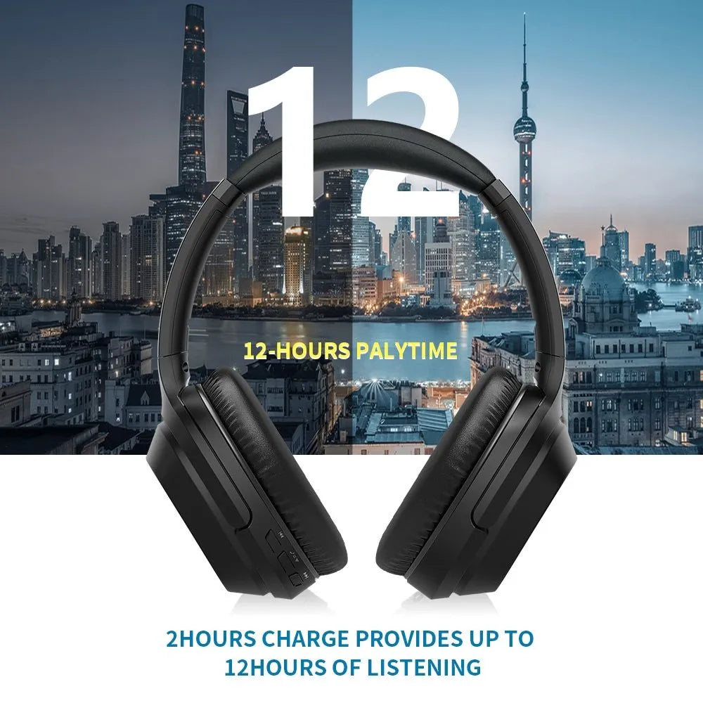 Black wireless Bluetooth headphones with memory-protein ear cushions and adjustable stainless steel headband