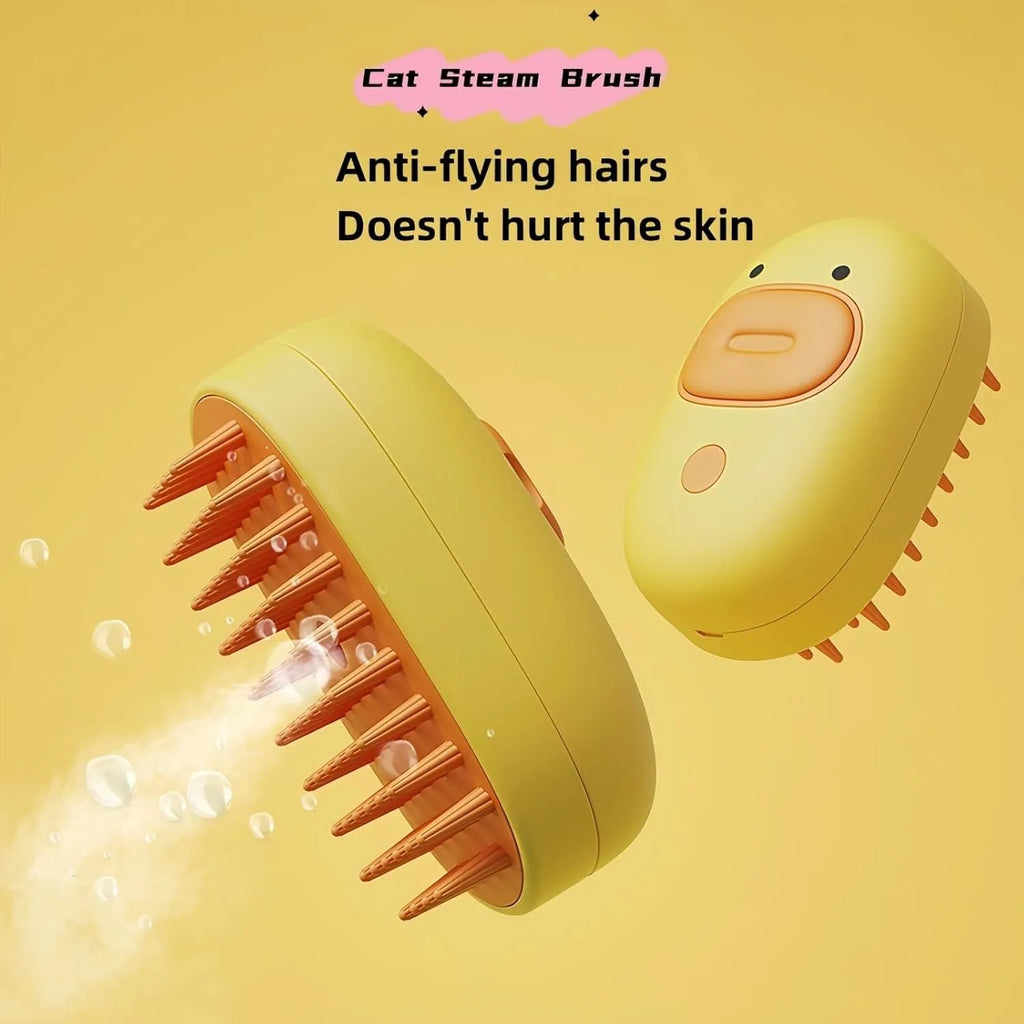 White and yellow electric pet steam brush with rubber comb teeth and ergonomic handle