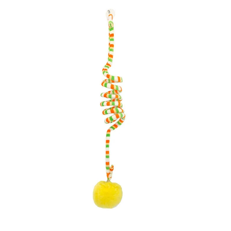 Spring cat toy with red inflatable ball hanging from suction cup next to bell stick accessory