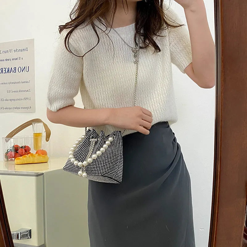 Fashion diamond-detailed PU leather bucket bag with detachable chain crossbody strap