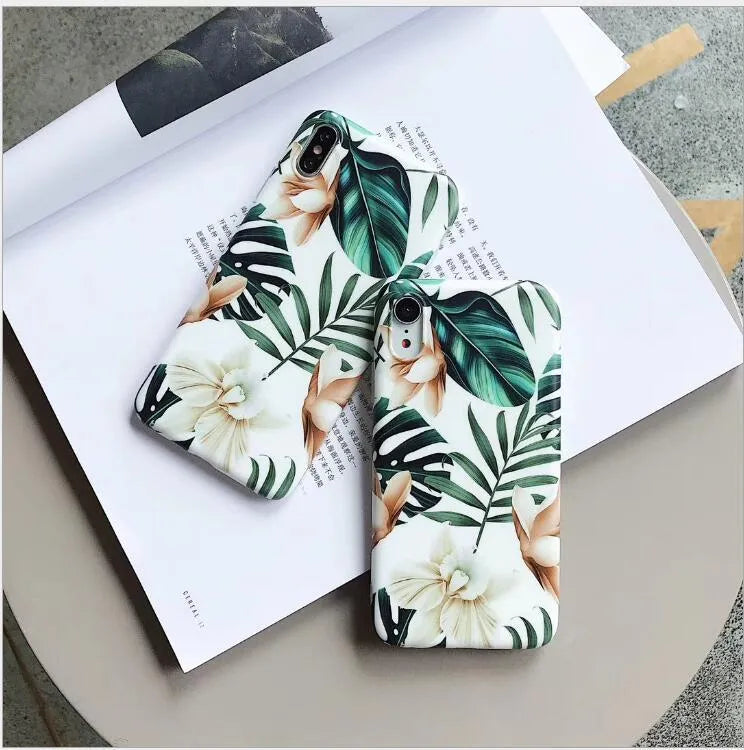 Compatible iPhone phone case with banana leaf floral design in TPU material for multiple iPhone models