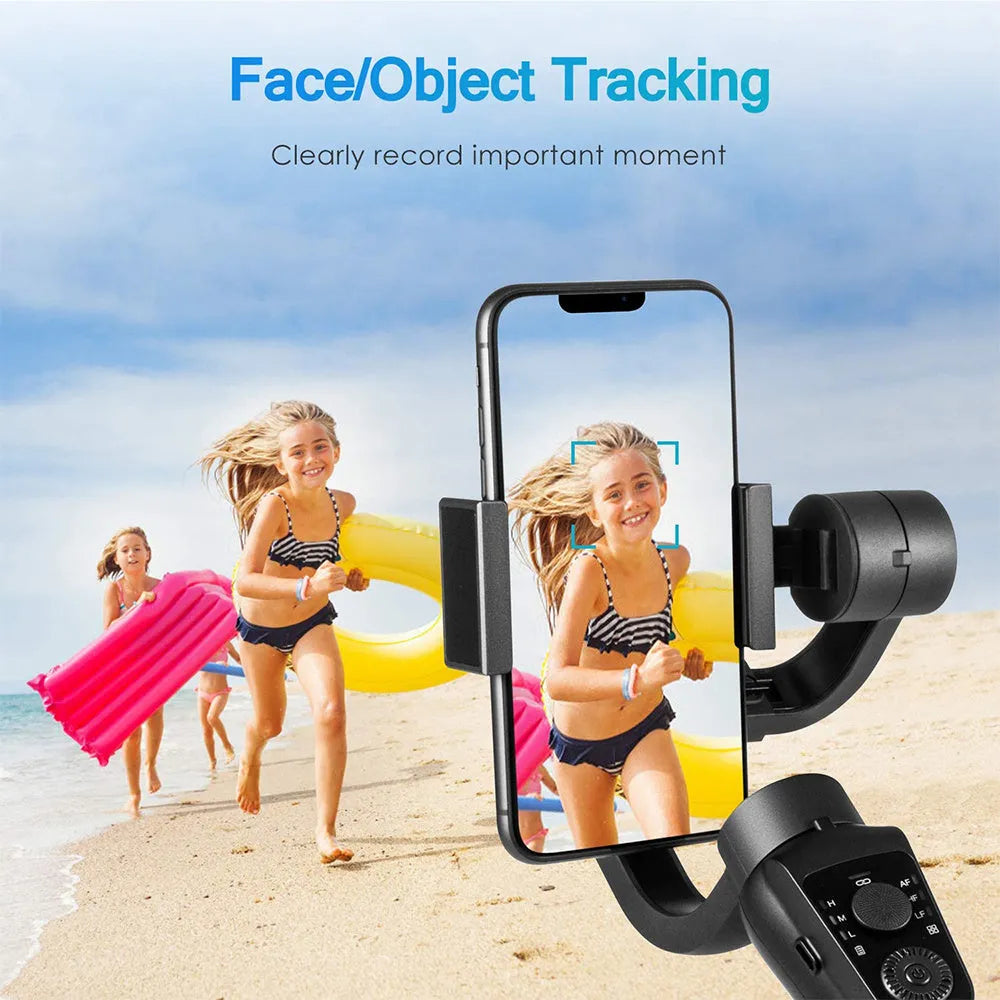 Black three-axis handheld gimbal stabiliser for mobile phones with tripod accessory