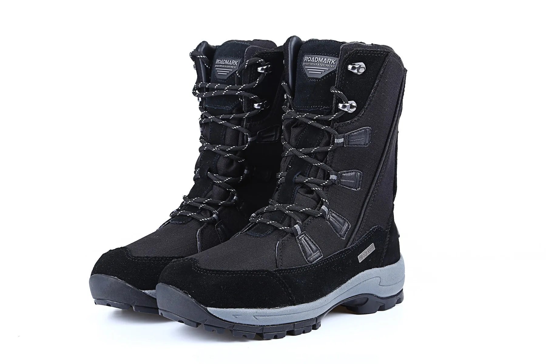 Women's mid-calf thermal snow boot in black with a round toe, genuine leather upper, and rubber sole.