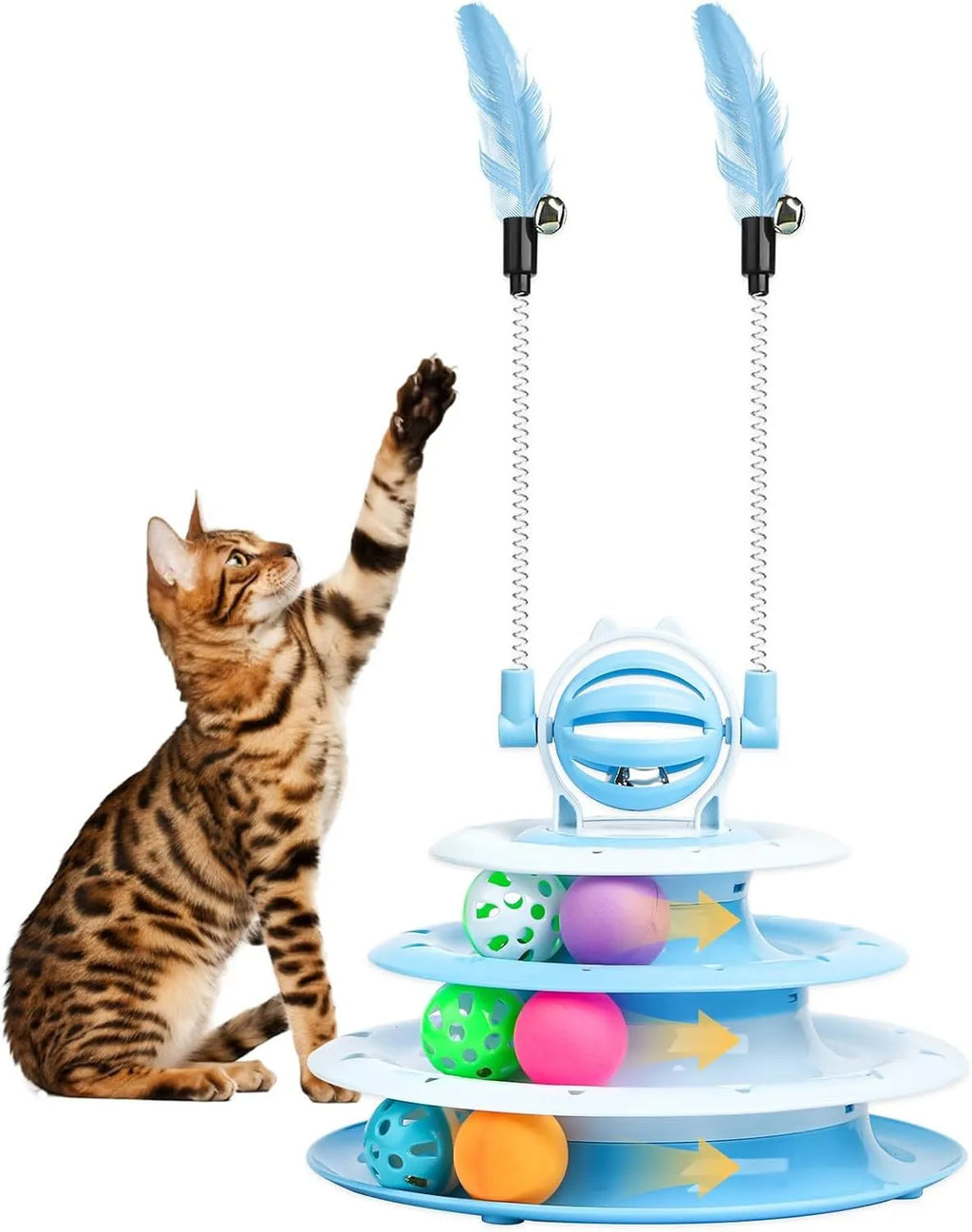 Interactive 4-tier cat puzzle toy with rotating carousel, 6 balls, and teasing rods in blue, green, or pink colours