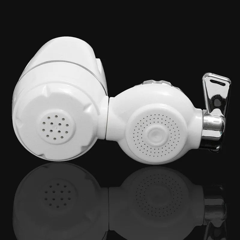 White plastic faucet water filter with ceramic cartridge and set of tap thread adapters