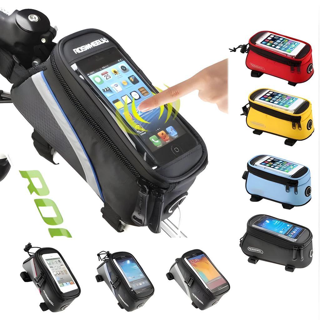 ROSWHEEL PVC bicycle phone bag holder for iPhone in black mounted on bike frame