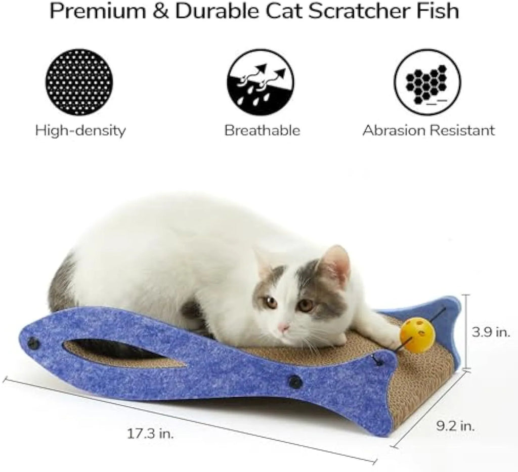 Blue fish-shaped corrugated cardboard cat scratcher lounge with a dangling bell ball toy.