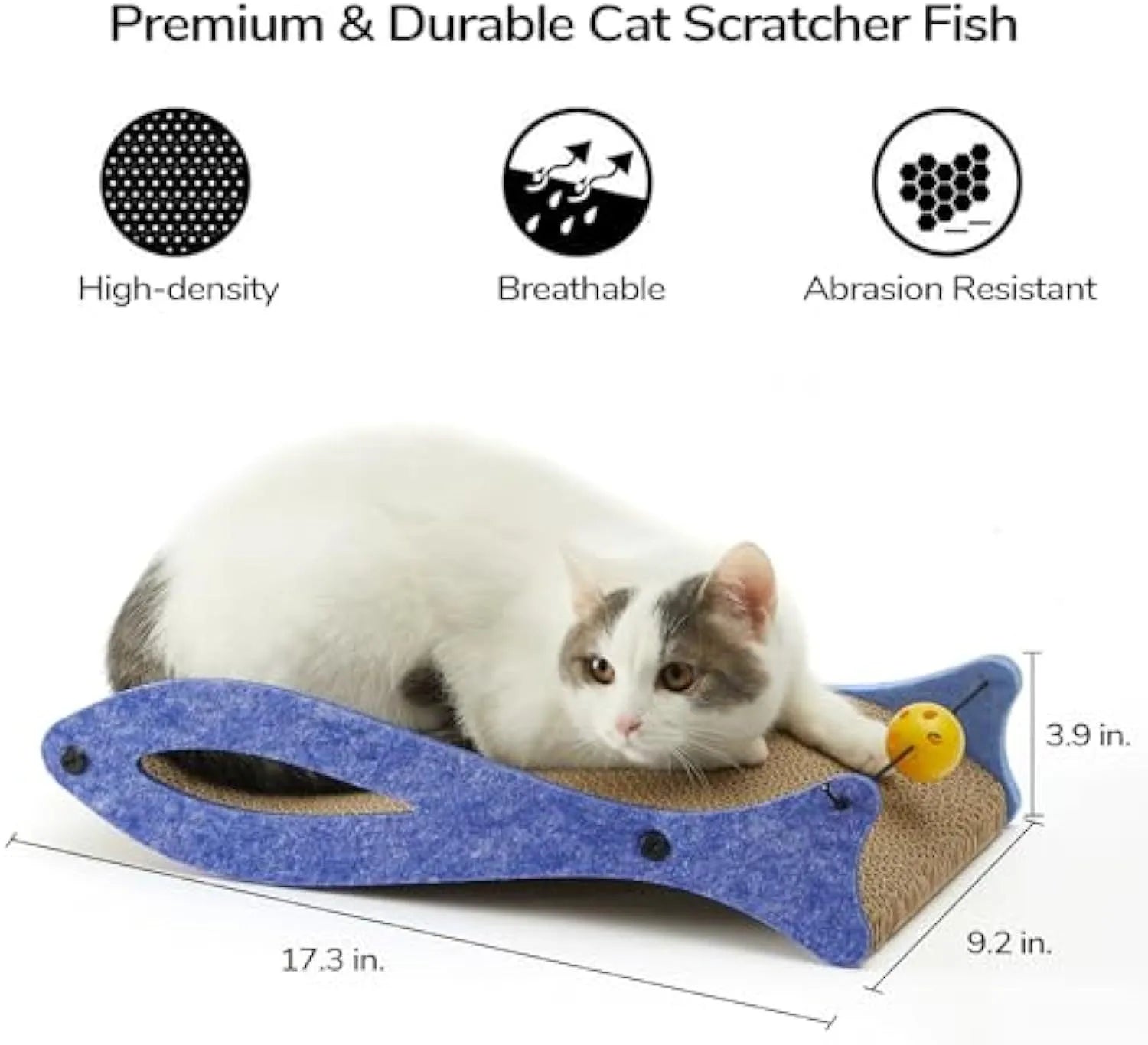 Blue fish-shaped corrugated cardboard cat scratcher lounge with a dangling bell ball toy.